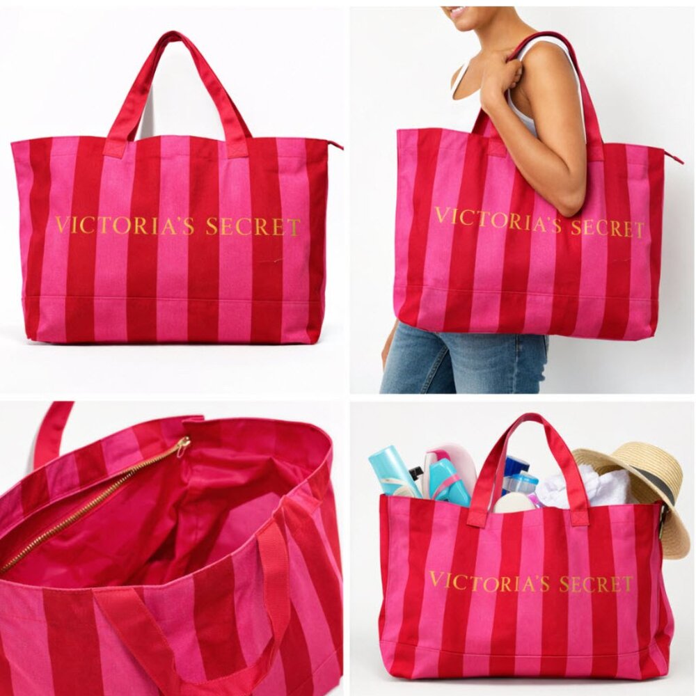 Victoria’s Secret Pink Red Stripe Canvas Tote Bag Oversized Zip Weekender